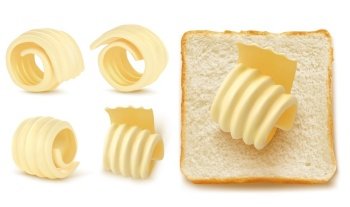 Square slices of bread for sandwich or toast with butter curl or rolled margarine 3D isolated vector set realistic illustration, top view, traditional breakfast food on white background.. Square slices of bread with butter curl