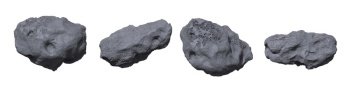 Stone asteroids realistic vector illustration. Meteor or space boulder or rock with craters isolated icon set on white background, various form. Stone asteroids. Meteor or space boulder or rock