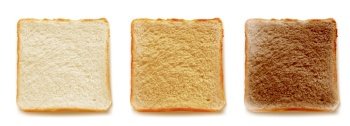 Toasted bread for sandwich 3D isolated vector set realistic illustration, top view, traditional breakfast. Square slices of bread with different degrees of roasting on white background. Toasted bread for sandwich 3D isolated vector