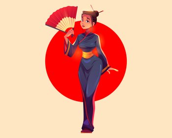 Asian woman in traditional kimono with fan in hands stand on background with red circle. Young attractive Japanese girl wear ethnic costume. Japan culture and tradition, Cartoon vector illustration. Asian woman in traditional kimono with fan in hand