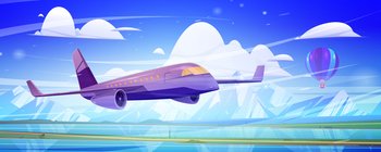 Plane fly above mountain valley with lake and green meadows. Passenger aircraft flight concept. Vector cartoon illustration of landscape with river, rocks, jet and flying hot air balloon. Plane fly in blue sky with clouds
