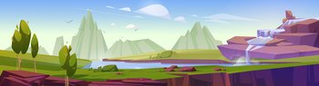 Waterfall cascade at beautiful nature cartoon panoramic landscape. River stream flowing from rocks and fall to creek or lake with green hills and trees around. Wild summer area, Vector illustration. Waterfall cascade at beautiful nature landscape