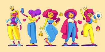 Girl bloggers, popular fashion and beauty influencers in contemporary art style. Vector comic female characters, pretty fame women with phones, social media queen with crown. Girl bloggers, popular influencers in social media