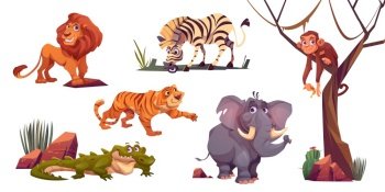 Cartoon wild animals tiger, monkey, zebra and lion with elephant and crocodile. Jungle inhabitants predators and herbivorous in zoo or safari park. Beasts in fauna, isolated vector illustrations set. Cartoon wild animals in zoo or safari park set