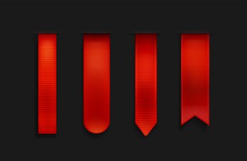 Red bookmarks, ribbon, banner 3d mockup, blank book marks with rounded, pointed and straight edges. Vertical silk scarlet canvas, tags template, Realistic 3d vector icons isolated on black background. Red bookmarks, ribbon, banner 3d vector mockup set