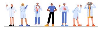 Doctors and nurses flat characters set. Professional health care workers ready to help patient, examining x-ray image, prescribing medicines, holding vaccination syringe. Medical clinic staff. Doctors and nurses flat characters set