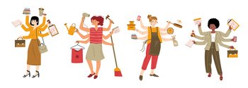 Multitasking women doing many tasks cartoon flat set. Illustration of active housewives busy with chores, businesswomen working on career, female characters with multiple arms isolated on white.. Multitasking women doing many tasks cartoon set