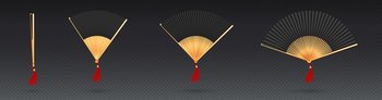 Chinese hand fan, traditional oriental black and gold isolated handheld souvenir from China or Japan, folding paper or silk blower with red tassel, asian geisha decor, Realistic 3d Vector mock up. Chinese hand fan isolated handheld souvenir mockup