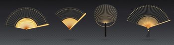 Chinese and japanese hand fans. Black and gold silk accessory, traditional asian handheld folding fans with tassel isolated on transparent background, vector realistic set. Chinese and japanese hand fans