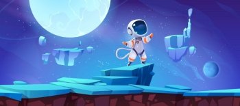 Game level background with cute spaceman on alien planet surface. Vector cartoon illustration of ground platform with landscape with ice or blue crystals, floating islands and boy astronaut. Game ground platform with spaceman on alien planet