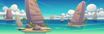 Tropical landscape with rock lumps in sea with moss, sand and palm trees in blue water under sky with fluffy clouds. Fantasy game background, 2d game location scene, Cartoon vector illustration. Tropical landscape with rock lumps in sea water