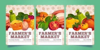 Farmers market posters with farm produce, vegetables, fruits, eggs and bag with flour. Agriculture harvest, fresh potato, carrots, tomatoes, apples and cheese, vector flyers with cartoon illustration. Farmers market posters with farm produce