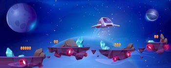 Space game background with spaceship and floating islands in cosmos. Galaxy with alien planets, stars, flying platforms with gold coins and shuttle, vector cartoon illustration for game level. Space game background with spaceship and platforms