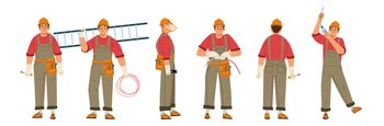 Electrician worker, repair service technician, engineer with tools, ladder and wires doing maintenance works isolated on white background. Electricity job cartoon linear flat vector illustration. Electrician worker, repair technician, engineer