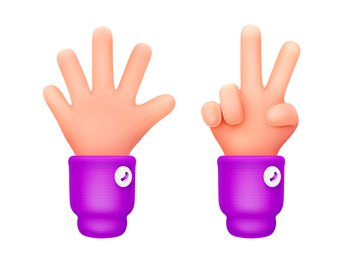 3d render, count hands showing five and two fingers. Communication, number gestures, body language concept. Hello and victory sign or 2 and 5 digits solated Illustration in cartoon plastic style. 3d render, count hands showing five or two fingers