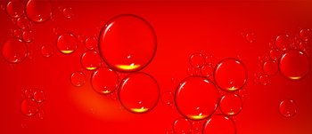 Red abstract background with air bubbles. Realistic illustration of liquid substance macro view. Glossy water drops on clean surface. Sparkling oil, fizzy wine or cosmetic gel texture. Vector design. Red abstract background with air bubbles