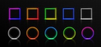 Neon frames, isolated colorful led square and round borders. Red, green, blue, pink, yellow purple Illuminated geometric shapes on black background. Color light signboards Realistic 3d vector set. Neon frames, isolated led square and round borders