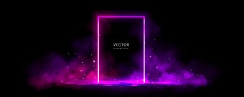 Neon rectangle frame with smoke on water surface. Rectangular glowing border with magic light among soft clouds. Purple portal with bright sparkles and flares Realistic abstract 3d vector background. Neon rectangle frame with smoke on water surface