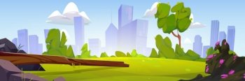 Summer park or country landscape with green grass, log, stones and modern city on skyline. Nature scene of lawn with bushes and spring flowers, trees, vector cartoon illustration. Summer park or country landscape with green grass