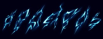 Lightning bolt hit vfx effect. Blue electric or magic thunderbolt strike, impact, crack, wizard energy flash. Powerful electrical discharge, Cartoon vector set isolated on black background. Lightning bolt hit vfx effect, impact