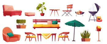 Garden elements isolated constructor elements set. Street furniture armchair, couch, table with chairs, flowers, bbq grill, umbrella, birds house for outdoor relax, Cartoon vector illustration, icons. Garden elements isolated constructor elements set