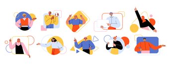 Set of pointing people avatars in geometric figures. Characters point gestures, happy persons showing with fingers in round, rectangular, triangular and square icons Line art flat vector illustration. Set pointing people avatars in geometric figures