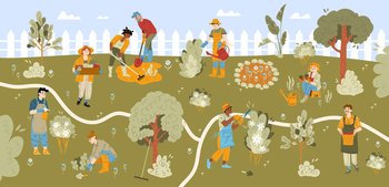 Characters working in garden. Gardening hobby, farm works concept with people harvesting, planting and caring of plants, raking ground and watering flowers, Cartoon linear flat vector illustration. Characters working in garden, gardening hobby