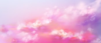 Realistic sky, pink heaven background. Sunset or sunrise natural cloudscape view with white and lilac soft fluffy clouds. Evening or morning abstract vivid fantasy backdrop, 3d vector illustration. Realistic sky, pink heaven background, sunset
