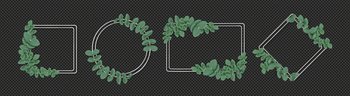 Silver frames with eucalyptus leaves isolated on transparent background. Natural green foliage borders decor of round, square, rectangular and rhombus shape. Realistic 3d vector decorative elements. Silver frames with eucalyptus leaves isolated set