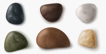 Small river pebbles and stones collection. Smooth beach rocks, sea and ocean coast boulders of various color, texture and shape isolated on white background, Realistic 3d vector illustration, set. Small river pebbles, rocks and stones collection