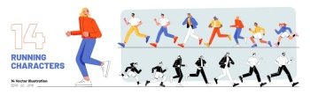 Running characters set people run in line. Adults and children jogging, sports marathon, exercising, healthy lifestyle, hurry at work or school, Line art flat vector color and monochrome Illustration. Running characters set people run in line, sport