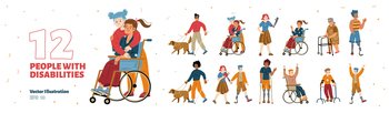 Set of diverse people with disabilities. Blind characters with guide dogs, man in wheelchair, boy with crutches, old woman with walkers, girl with prosthesis, vector hand drawn illustration. Set of diverse people with disabilities