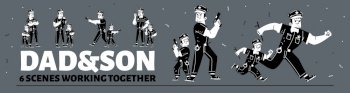 Dad and son in policeman costume work together. Father police officer and boy with cap, baton, gun and handcuffs, vector black and white hand drawn illustration. Dad and son in policeman costume work together