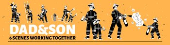 Dad and son characters in fireman costume with extinguisher, hydrant, water hose, axe, ladder. Father firefighter with kid work together, vector black and white hand drawn illustration. Dad and son characters in fireman costume