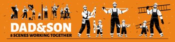 Dad and son builders working together. Father with child repair service workers in uniform. Parent with kid construction employees characters with tools, Cartoon Linear flat vector illustration, set. Dad and son builders working together vector set