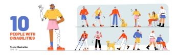 People with disabilities, blind characters with guide dogs, diverse characters in wheelchairs, with crutches and prosthesis isolated on background, vector flat illustration. Diverse people with disabilities set