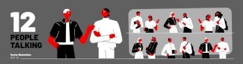Set of talking people, diverse male and female characters group speak and communicate. Men and women chat with friends, tell gossips to each other, Line art flat vector red, black, white illustration. Set of talking people, male and female characters