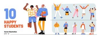 Set of happy students, school children, multicultural young girls and boys with backpacks holding books and smartphones. Happy diverse teenagers, classmates rejoice together Linear vector illustration. Set of happy students, school girls and boys fun