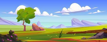Beautiful green meadow in mountain valley. Cartoon vector illustration of panoramic natural landscape, summer field with lush grass, stones, tree and rocks on horizon under calm blue sky with clouds. Beautiful green meadow in mountain valley, cartoon
