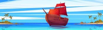 Wooden ship with red sails floating at seascape view with tropical island and palm trees under blue sky. Ancient frigate, galleon sailboat or caravel at calm sea landscape, Cartoon vector illustration. Wooden ship with red sails floating at seascape