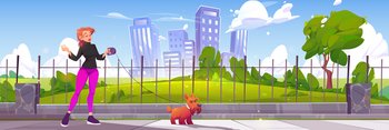 Woman walk with dog in city park. Female character in casual clothes spend time with pet at outdoor public place with cityscape view. Relax, communication with animal, Cartoon vector illustration. Woman walk with dog in park, leisure with animal