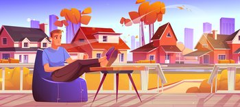 Man with coffee cup and earpods relax at outdoor home terrace at suburban area with cottage houses at beautiful autumn weather. Male character rest at wooden fenced patio, Cartoon vector illustration. Man relax at outdoor home terrace at suburban area