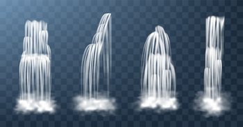 Waterfalls isolated on transparent background. Vector realistic river water fall with cascade, splash and fog. Set of liquid streams, flow of pure aqua, shower or rain. Set of waterfalls with cascade, splash and fog