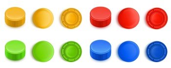Colorful plastic bottle caps set isolated on white background. Realistic 3D illustration of yellow, red, green, blue screw lid top, side, upside down view. Mockup of cover for mineral water, beverages. Colorful plastic cap for bottles with water, soda, beer