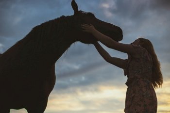 Woman caressing horse scenic photography. Lovable animal. Picture of lady with sunset sky on background. High quality wallpaper. Photo concept for ads, travel blog, magazine, article. Woman caressing horse scenic photography