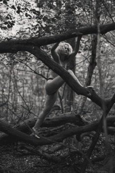 Blonde bare lady climbing on dry branches monochrome scenic photography. Picture of person with forest on background. High quality wallpaper. Photo concept for ads, travel blog, magazine, article. Blonde bare lady climbing on dry branches monochrome scenic photography