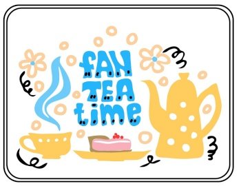 Tea service, garden flowers and cake. Fun Set of tea time elements. Vector illustration.. Tea service, garden flowers and cakes. Set of tea time elements. Vector illustration.