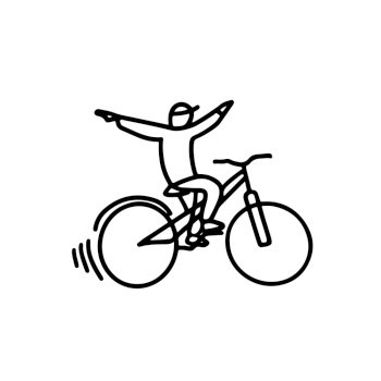 man on a bicycle rides with his hands up. Flat line art style.