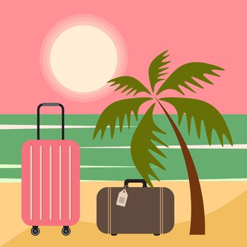 Painting symbol, minimal summer landscape of sea, sun, sand, suitcases, palm trees for wall decor, cover, surface. Vector illustration