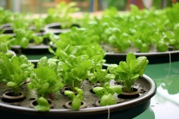 Young green lettuce growing in the hydroponic farm.	